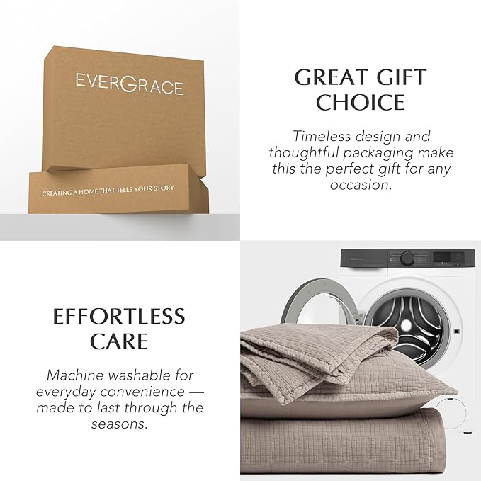 EVERGRACEHOME Stonewashed Cotton Quilt Set Queen Size, Ultra Soft Oversized Bedspread Coverlet Set, Lightweight Crinkle Box Stitch Bedding Sets for All Season, with 2 Shams, Truffle Taupe Brown