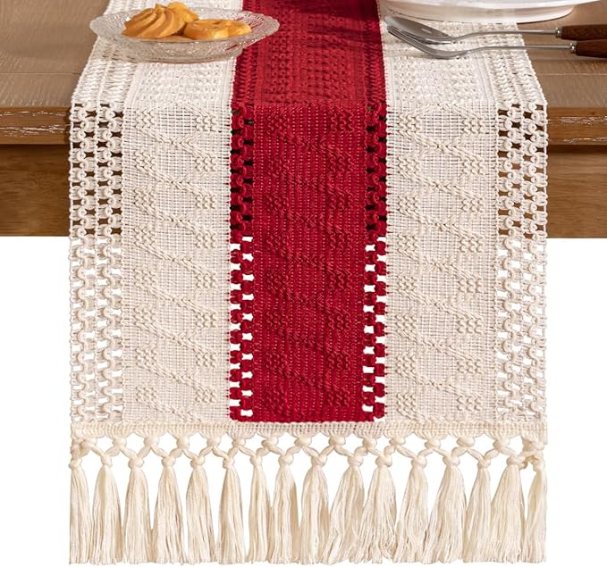Socomi Boho Table Runner Valentine's Day Farmhouse Rustic Dining Kitchen Centerpiece Decor Small Macrame Woven Cotton Linen Coffee Table Runner for Dresser Scarf Home Decor 12x48 in Red Ivory