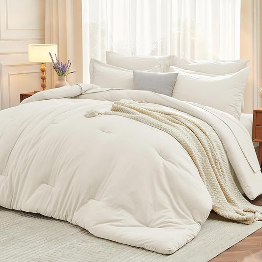 MUXHOMO 5 Pieces Twin XL Comforter Set, Soft Bed in a Bag Twin XL Size, All Season Bedding Set with Comforter, Flat Sheet, Fitted Sheet, Pillowcases & Shams, Ivory