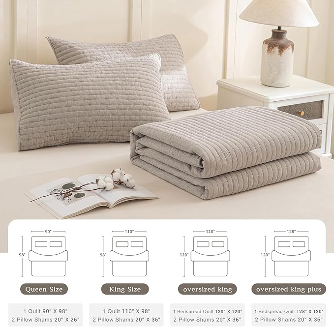 CozyTide Oversized King Bedspread 120x120,3Pcs Stone-Washed Cotton Extra Large Farmhouse Lightweight King Quilt Bedding Set Oversized Linen Colored Soft Summer California King Quilt Coverlet