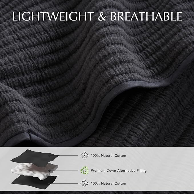 EVERGRACEHOME Cotton Coverlet Set King Size 3 Pieces, Lightweight Soft Ribbed Matelassé Bedspread Quilt Set, Cozy Oversized Quilted Bedding Set with 2 Pillow Shams for All Seasons, Washed Black