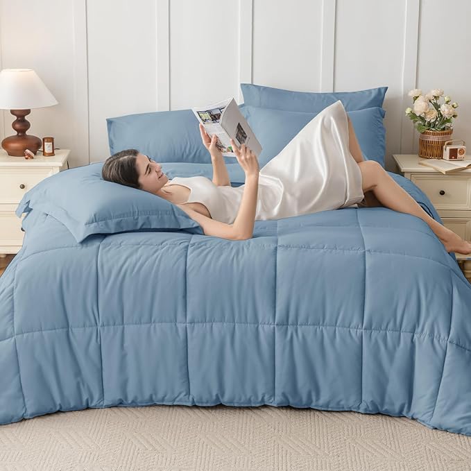 JOLLYVOGUE California King Comforter Set, Ultra-Soft Bed in a Bag Cal King Size 7 Pieces, Oeko-TEX Certified Bedding Set with Down Alternative Comforter, Sheets, Pillowcases & Shams, Dusty Blue