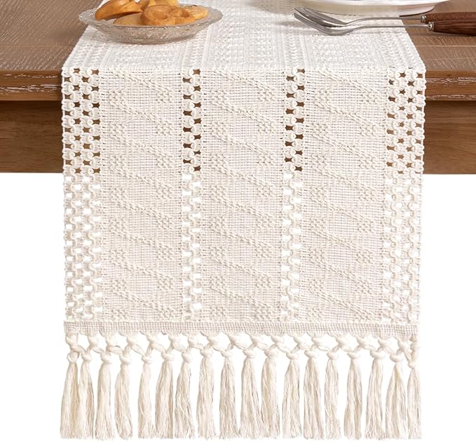Socomi Boho Table Runner Easter Spring Farmhouse Rustic Dining Kitchen Centerpiece Decor Small Macrame Woven Cotton Linen Coffee Table Runner for Dresser Scarf Home Decor 12x60 inch Cream Ivory