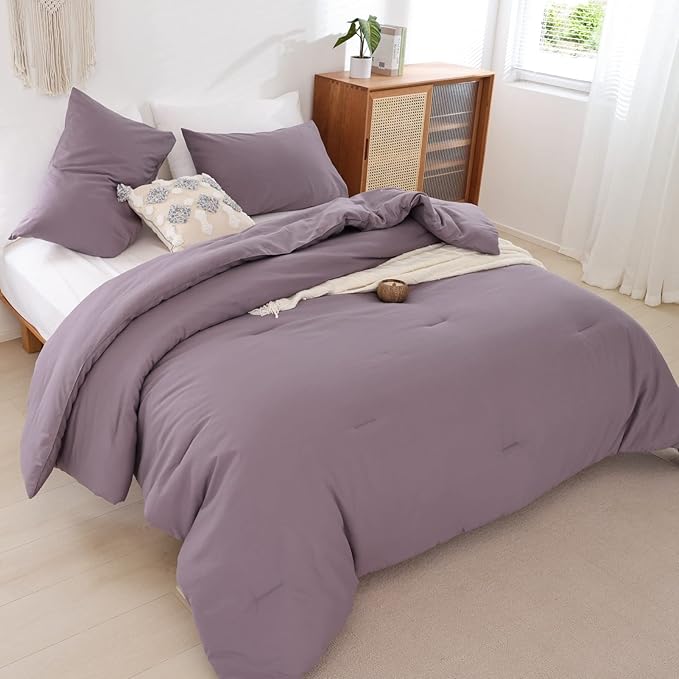 ROSGONIA Dusty Purple Comforter Set Queen, 3pcs (1 Boho Comforter & 2 Pillowcases) All Season Bedding Lightweight Bedspread Blanket Quilt Bed