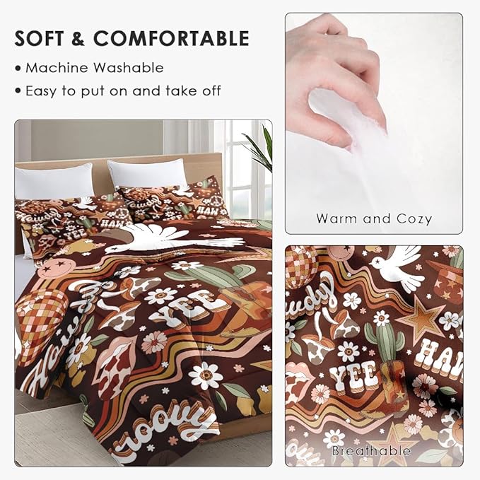 Full Size Comforter Set with 2 Pillowcases, 70S Retro Western Hippie Cowboy Soft 3 Pcs Bedding for Kids and Adults Bedroom Bed Decor