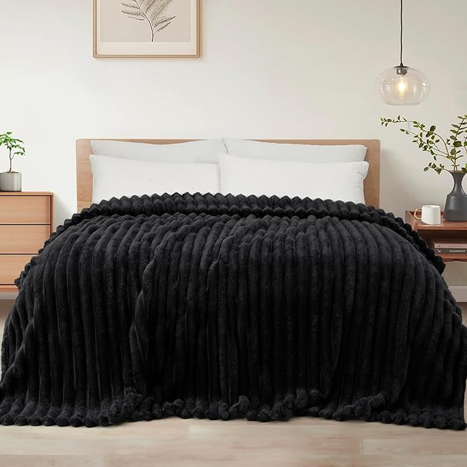 Exclusivo Mezcla Twin Size Flannel Fleece Blanket, Super Soft Striped Jacquard Bed Blanket, Lightweight Fuzzy Cozy for All Seasons, 60x80 Inches, Black