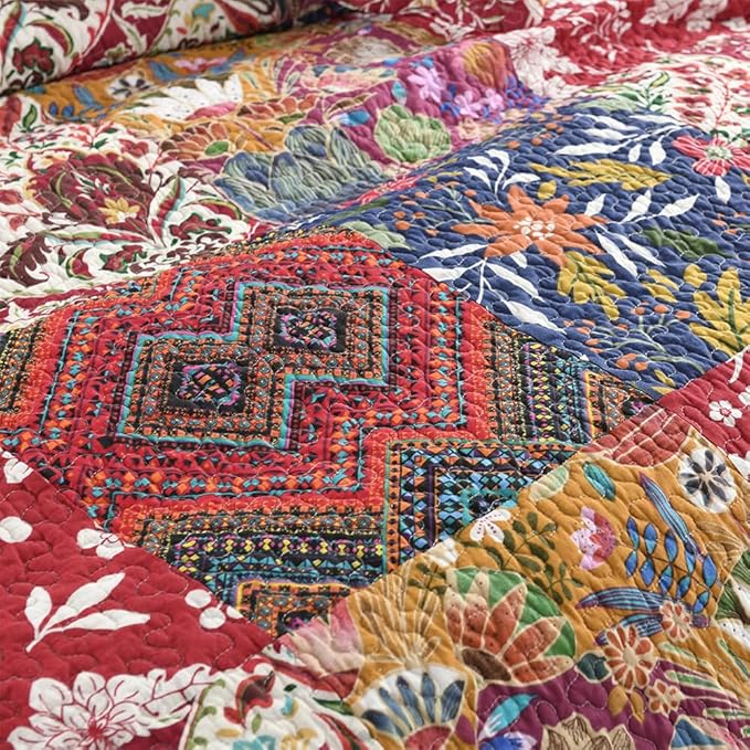 ENASAL Cotton Bedspread Quilt Sets Reversible Bedding Coverlet Sets Comforters Vintage Luxury Damask Floral Real Patchwork Burgundy Bedspread,King Size | Breathable material, Cotton soft durable, Reversible, Jacquard stitching, Machine waschable