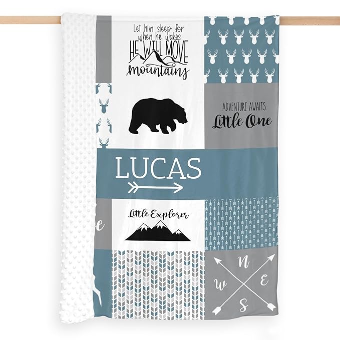 Personalized Baby Blanket for Boys Super Soft Double Layer with Dotted Backing, Lovely Woodland Animal Design Blanket for Toddler Newborn, Polyester, Bell Blue, 35 x 45 Inch