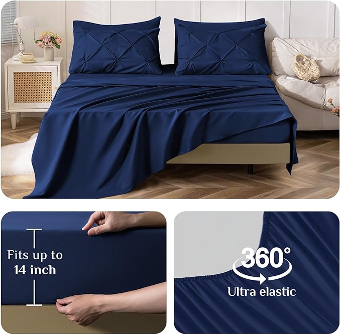 JOLLYVOGUE Queen Comforter Set 7 Pieces - Bed in a Bag Queen for All Season, Pintuck Bedding Comforter Sets with Comforter, Flat Sheet, Fitted Sheet and Pillowcases & Shams, Navy