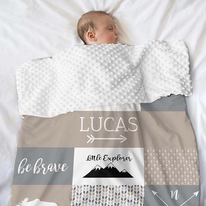 Personalized Baby Blanket for Boys Super Soft Double Layer with Dotted Backing, Lovely Woodland Animal Design Blanket for Toddler Newborn, Polyester, Mocha Meringue, 35 x 45 Inch