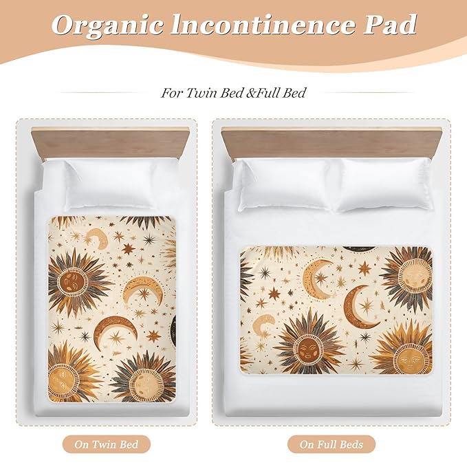 Waterproof Bed Pad Reusable Changing Pad Toddler Mattress Protector Large Pee Pad Baby Diaper Pad Soft Washable Liner Brown Boho Sun Moon