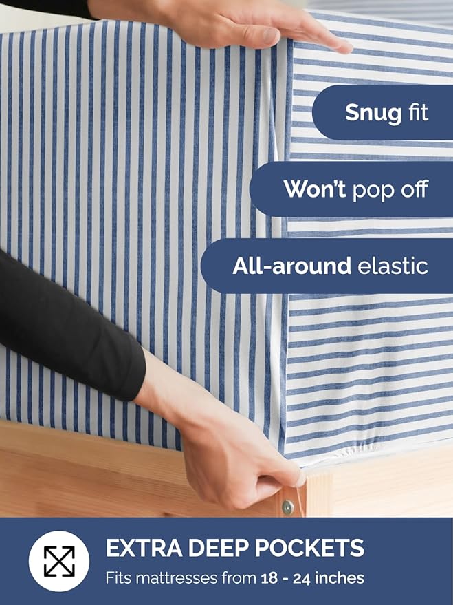 Extra Deep Split King Sheet Set - 7 Piece Breathable and Cooling Sheets - Hotel Luxury Bedding for Women, Men, Kids & Teens - Secure Fit - Soft and Wrinkle Free with Extra Deep Pockets - Blue Stripes