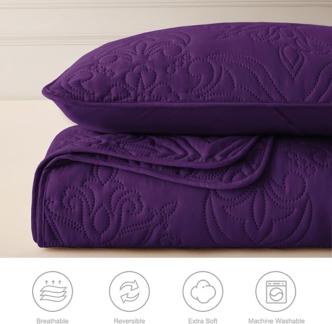 Whale Flotilla Soft King Quilt Bedding Set for All Seasons, Elegant Vintage Damask Ultrasonic Quilts Set, Lightweight Reversible Bedspread, Coverlet, Bed Cover with 2 Pillow Shams, Purple