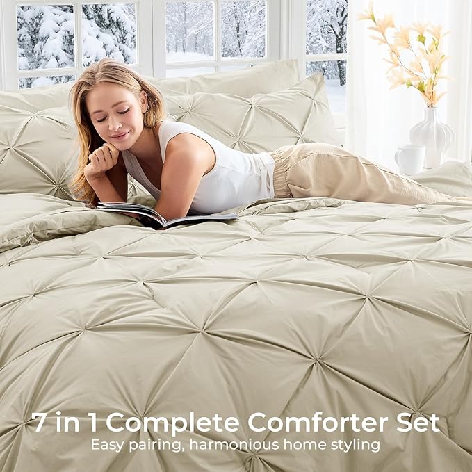 Sasttie Twin XL Comforter Set, 5-Piece Bed in a Bag, Pintuck Bedding Sets for All Season, Includes Comforter, Flat Sheet, Fitted Sheet, Pillowcase and Pillowsham, Linen