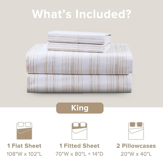 Comfort Spaces 100% Cotton Sheets King, Breathable, Naturally Cool Cotton Sheets, Cotton Bed Sheets with 14" Elastic Pocket Fits up to 16" Mattress, All Seasons Sheet Set, Good Vibes Taupe 4 Piece
