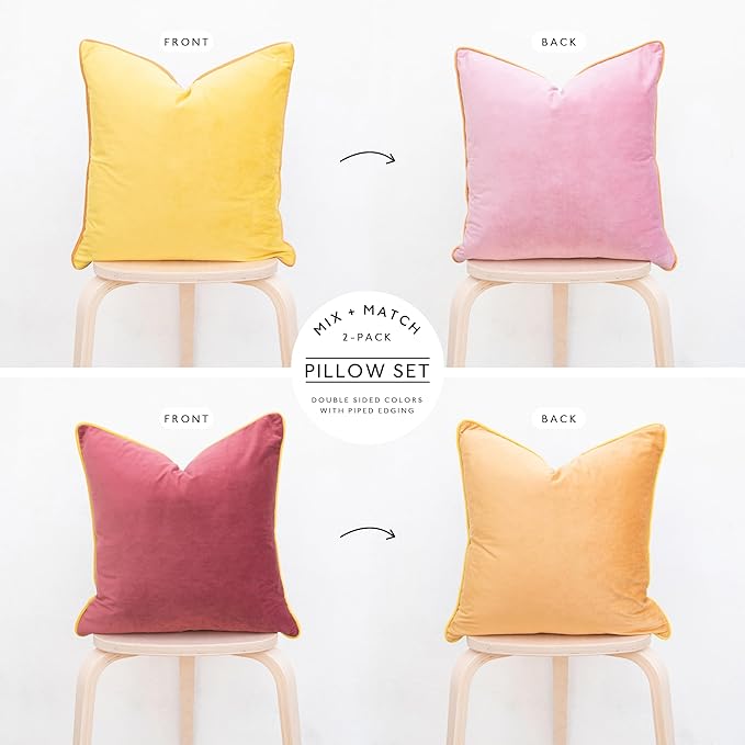 MONDAY MOOSE Decorative Throw Pillow Covers Cushion Cases, Set of 2 Soft Velvet Modern Double-Sided Designs, Mix and Match for Home Decor, Pillow Inserts Not Included (22x22 inch, Yellow/Pink)