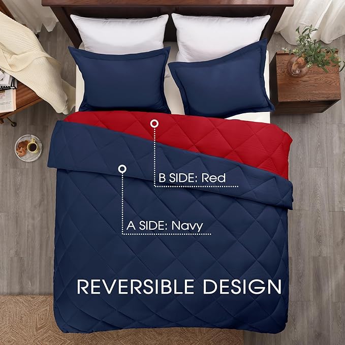 Basic Beyond California King Comforter Set, Navy and Red Comforter Set California King for All Seasons, 1 Comforter 104"x96" and 2 Pillow Shams 20"x36"+2"