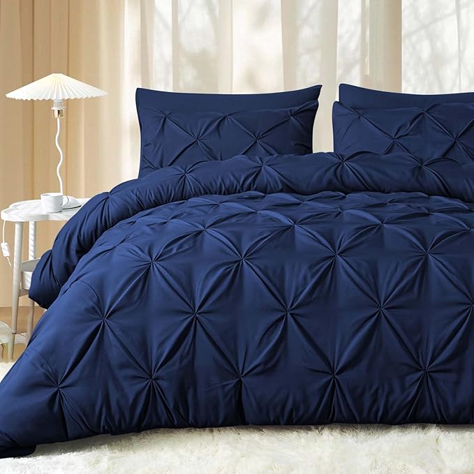 JOLLYVOGUE Queen Comforter Set 7 Pieces - Bed in a Bag Queen for All Season, Pintuck Bedding Comforter Sets with Comforter, Flat Sheet, Fitted Sheet and Pillowcases & Shams, Navy