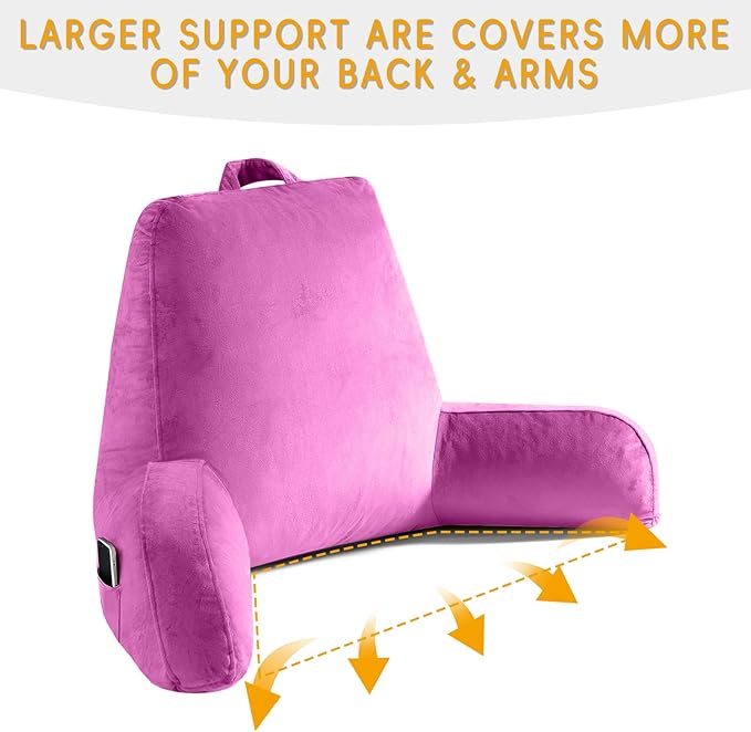 Reading Pillow for Sitting in Bed Adult, X-Large Reading Pillow with Shredded Memory Foam, Back Pillow for Sitting Up with Extend Arms, Pockets, Bed Pillow with Washable Cover, Rose Red