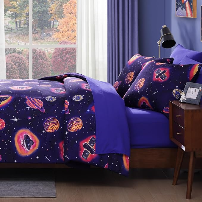 Twin Kids Comforter Set - 5 Pieces Twin Bedding Sets for Boys Teen, Outer Space Rocket Bed in A Bag with Sheets