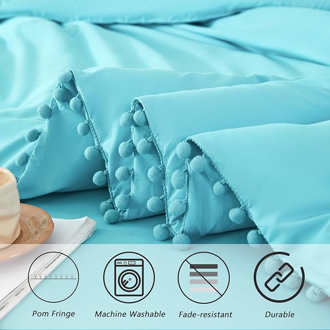 PERFEMET 5 Pcs Full Size Bedding Set for Girls Teal Blue Pom Pom Cute Bed in A Bag for Kids Teen Soft All Season Fluffy Boho Solid Bedding Comforters with Sheet Set(Teal Blue, Full)
