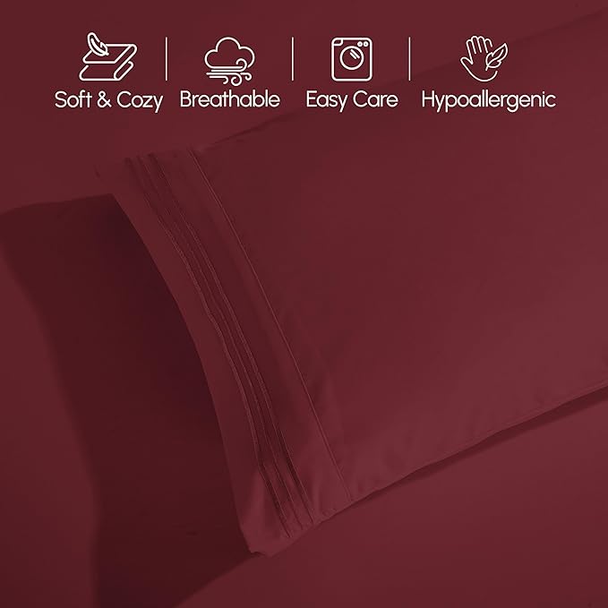 Elegant Comfort Luxurious 1500 Premium Hotel Quality Microfiber Three Line Embroidered Softest 4-Piece Bed Sheet Set, Wrinkle and Fade Resistant, Twin/Twin XL, Burgundy