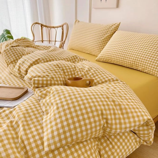 LifeTB Twin XL Comforter Set 3 Pieces Yellow Gingham Comforter Set Geometric Checkered Plaid Printed Bedding Comforter for All Seasons Fluffy Soft Lightweight Gingham Plaid Bedding Set Twin XL