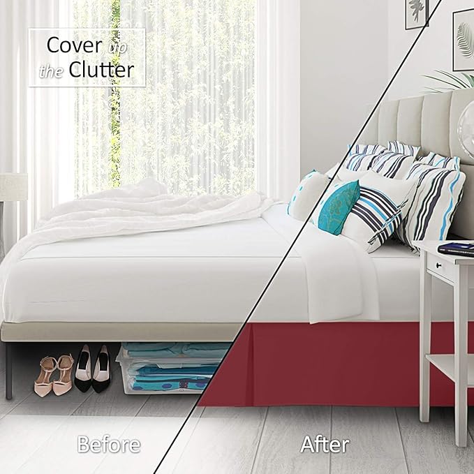 Pleated Bed Skirt 15 Inch Drop Queen Size – Wrinkle-Free Microfiber – Dust Ruffle with Split Corners Burgundy