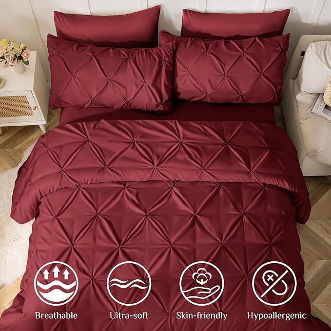 JOLLYVOGUE Queen Comforter Set 7 Pieces - Bed in a Bag Queen for All Season, Pintuck Bedding Comforter Sets with Comforter, Flat Sheet, Fitted Sheet and Pillowcases & Shams, Burgundy