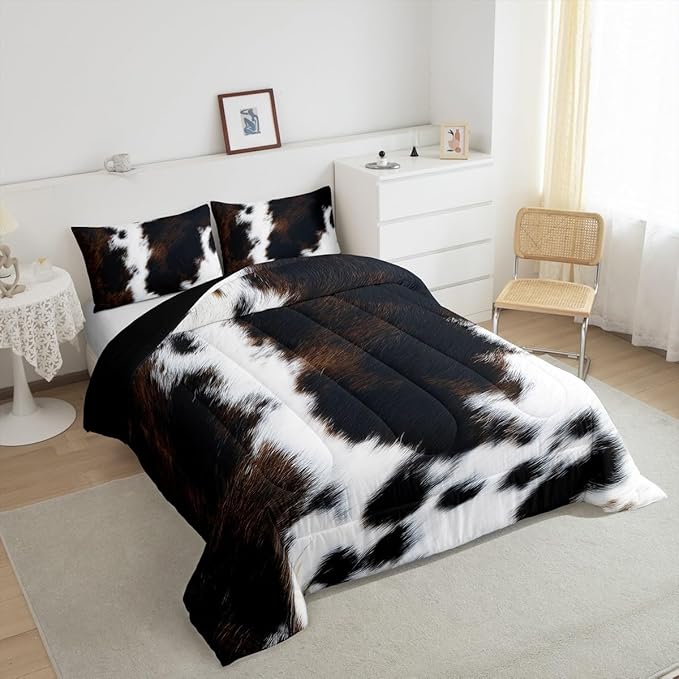 Brown Cowhide Comforter Set King,Black White Aztec Cow Print Bedding Set Western Farmhouse Animal Fur Down Comforter for Kids Boys Girls,Rustic Cowboy Quilt Duvet Set 2 Pillow Cases Bedroom Decor