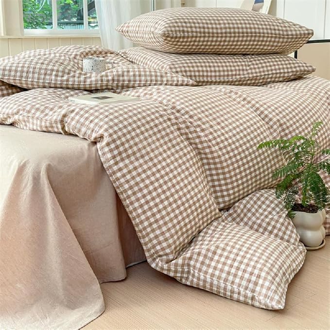Nayoroom Brown Gingham Duvet Cover Full Size Tan White Plaid Checkered Duvet Cover Grid Dorm Bedding Set 3 Pieces Soft Lightweight Washed Microfiber Farmhouse Bedding with Pillowcases