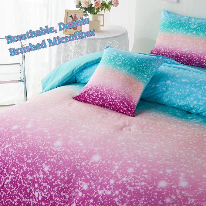 PERFEMET Queen Comforter Set with Sheets, 6 Pieces Tie Dye Rainbow Girls Bedding Set, Gradient Glitter Colorful Ombre Bed in A Bag (Aqua Teal Purple, Queen)