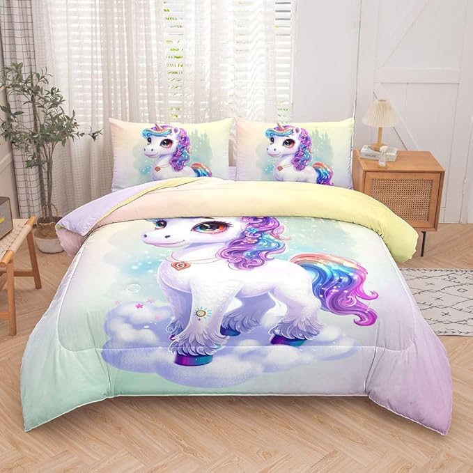 Pink Unicorn Comforter Sets,Twin Comforter Set for Girls,Cute Unicorn Bedding Set for Kids,Girls,Teens,All Season Use