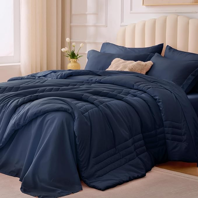 Full Comforter Set Navy - Bed in a Bag Full Size 7 Pieces, Soft Bedding Set for All Seasons, Premium Comforter Set with Comforter, Sheets, Pillowcases & Shams