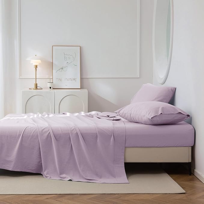 JIYUAN 100% Washed Cotton Sheet Set 4 Pieces King,1 Fitted Sheet,1 Flat Sheet and 2 Pillowcases,Comfy and Breathable Linen Like Bedding Set,Heathered Light Purple