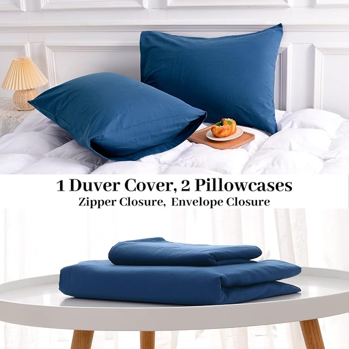 NEXHOME PRO Duvet Cover Set Queen Size Linen Feel Textured Navy Organic Natural 100% Washed Cotton Duvet Cover 3 Pieces Bedding Set with Zipper Closure, Breathable, Soft (No Comforter)