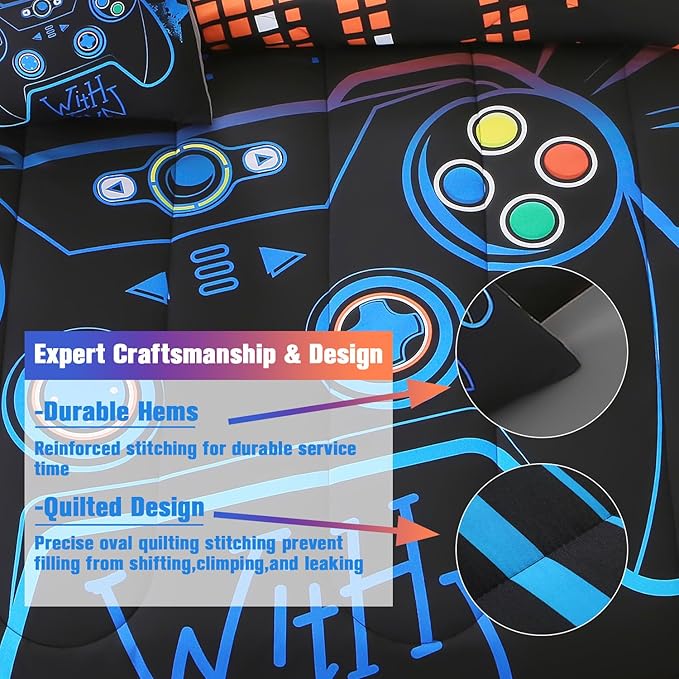 JQinHome Twin Gaming Comforter Sets for Boys,6 Piece Bed in A Bag 3D Video Game Bedding -All Season Soft Microfiber Gamer Bedding Sets for Kids, Pillowcase, Flat Sheet, Fitted Sheet,Cushion Cover