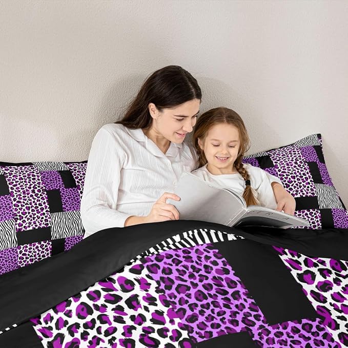 Erosebridal Purple Leopard Bedding Set Patchwork Cheetah Print Comforter Sets King Size for Girls Teens Adults Women Bedroom Black Zebra Pattern Duvet Sets Animal Skin Down Comforter 2 Piece