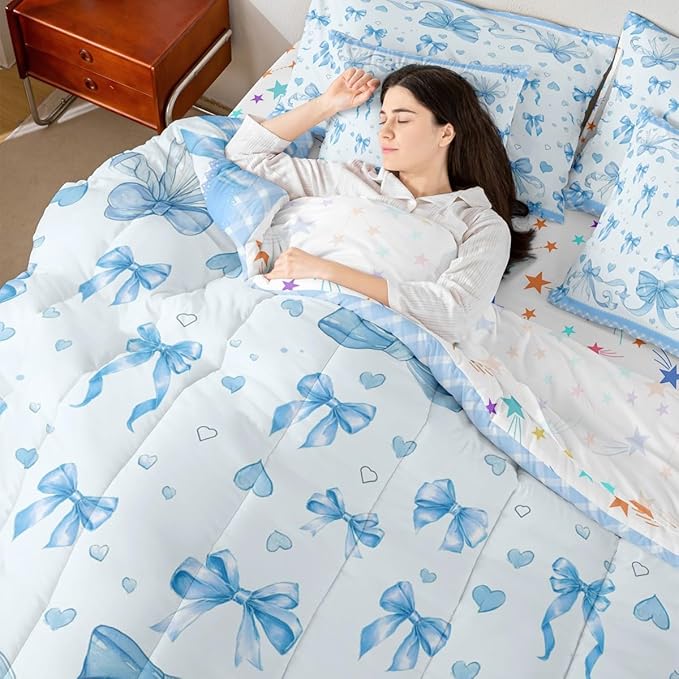 Feelyou Bowknot King Comforter Set with Sheets for Kids Boys Girls Dreamy Princess 7 Pieces Bedding Set Cute Bow Bed in a Bag Love Hearts Room Decor Soft Lightweight Microfiber