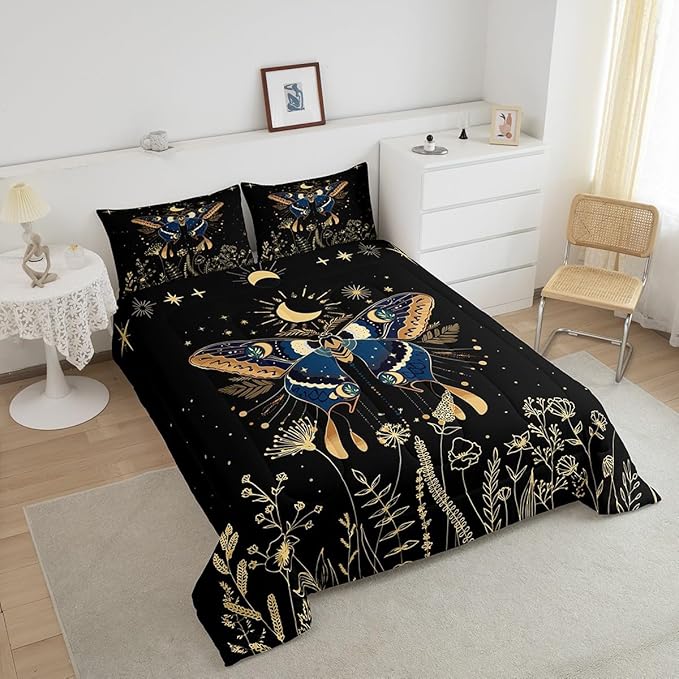 Erosebridal Butterfly Bedding Set Queen,Flower Weed Botanical Duvet Set for Adult Women Men 3Pcs,Black Starry Sky Quilted Comforter Boho Exotic Moon Star Comforter Set Soft Cozy Microfiber