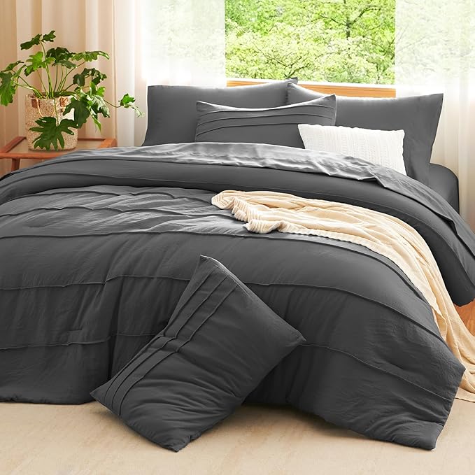 CozyLux King Size Comforter Set Dark Grey, 7 Pieces Soft Pinch Pleat Bed in a Bag King Comforter Set with Sheets, Boho Bed Set with Down Alternative Comforter, Sheets, Pillowcases & Shams