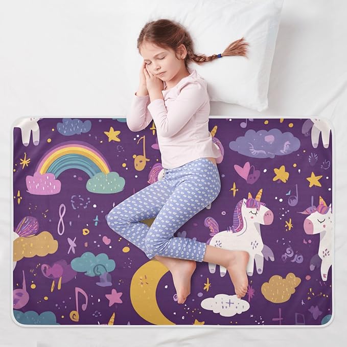 Waterproof Bed Pad Reusable Changing Pad Toddler Mattress Protector Large Pee Pad Baby Diaper Pad Soft Washable Liner Dark Purple Unicorn Rainbow Music Note