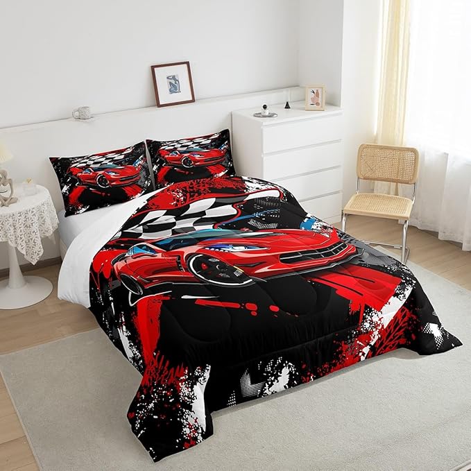 Feelyou Car Bedding Set for Boys Cool Racing Sports Comforter Cover Kids Children Extreme Theme Modern Red Automobile Duvet Room Decor 1 with 2 Pillow Case Full Size SX8528BZZSJ
