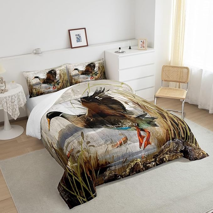 Feelyou Mallard Duck Bedding Set Boys Girls Wild Duck Hunting Comforter Set for Kids Women Men Soft Lodge Cabin Farmhouse Comforter Quilt Room Decor King Size Duvet Set Boys
