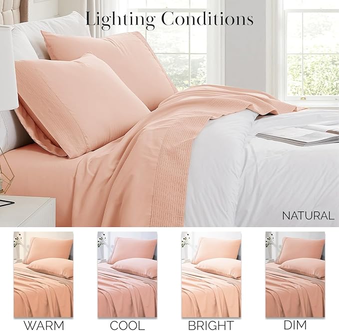Southshore Fine Living, Inc. Pleated, 4-Piece Queen Size Sheets Set, 21-Inch Deep Pocket Queen Sheet Set, Machine Washable, 1 Fitted Sheet, 1 Oversized Flat, Pillow Cases Set of 2, Blush Sheets