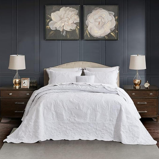 HZ & HY Oversized King Bedspread, Quilted Coverlet Bedding Set, Lightweight Thin Comforter, Reversible, Luxurious, 5 Piece, 100% Microfiber, Pure White