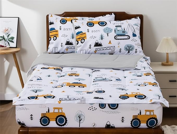 Meeting Story 3pcs Kids Comforter Sets Zipper Bedding Set for Boys,Full Kid Bedding Set Car Comforter Construction Bedding for Kid,All in one Zipper Bedding（White,Full）