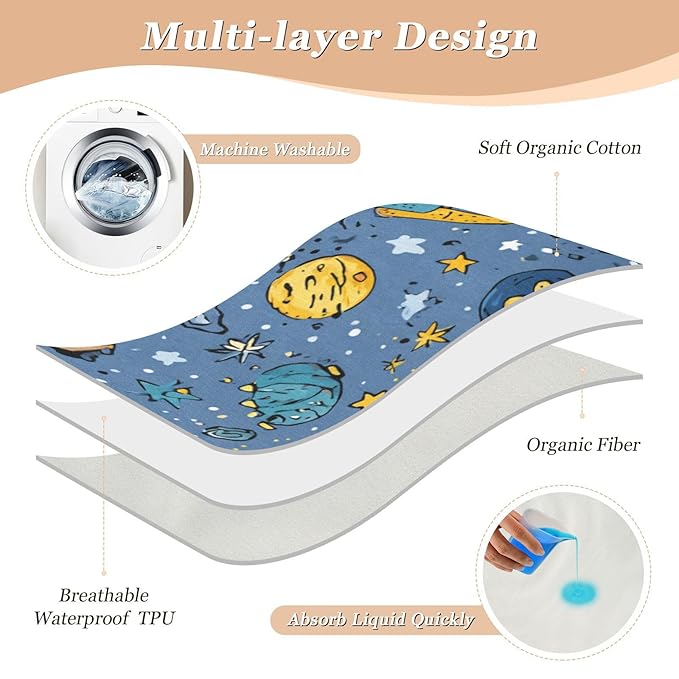 Waterproof Bed Pad Reusable Changing Pad Toddler Mattress Protector Large Pee Pad Baby Diaper Pad Soft Washable Liner Blue Cute Space Doodle Rocket Spacemen