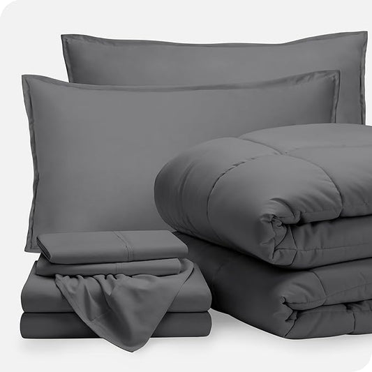 Bare Home Bed-in-A-Bag 7 Piece Comforter & Sheet Set - Queen - Goose Down Alternative - Ultra-Soft 1800 Premium - Bedding Set (Queen, Grey/Grey)
