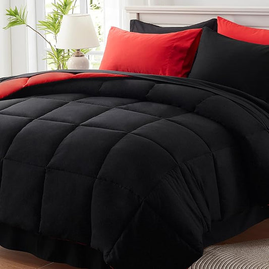 Anluoer California King Size Comforter Set 7 Pieces,Black Cal King Bed in a Bag with Comforter and Sheets,All Season Bedding Sets with Comforter,Pillow Shams,Pillowcases,Flat Sheet,Fitted Sheet